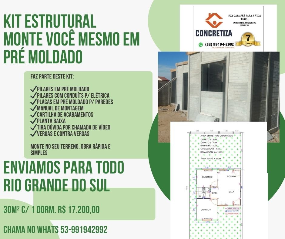 KIT ESTRUTURAL EM PRÉ MOLDADO 37M2 - 2 dormitórios verde, 37m2