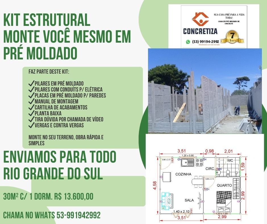 kIT ESTRUTURAL EM PRÉ MOLDADO - Monte vc mesmo verde 1 dorm